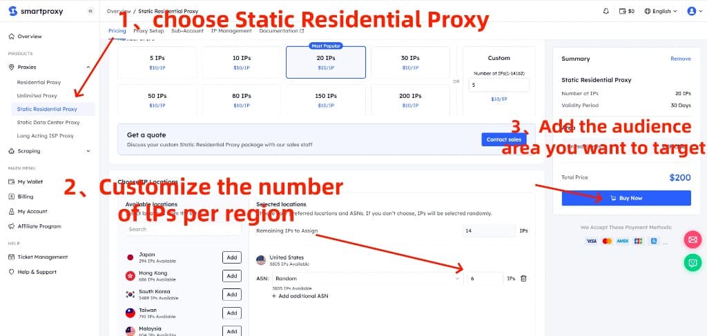 Smartproxy dashboard — select Static Residential Proxy, choose IP locations, and click Buy Now