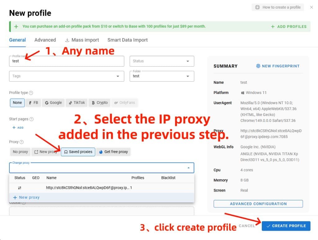 Dolphin anty new profile — name profile and bind saved Smartproxy